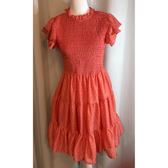 j. marie Dresses & Skirts - J. Marie Dress Women's Small Pink Coral Mini Tiered Ruffled Smocked Stars Party